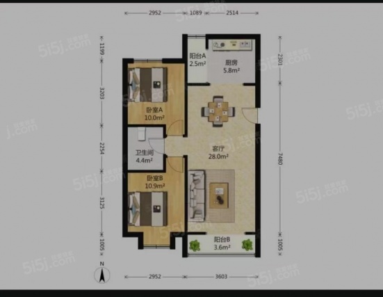 2室2厅1卫户型详情