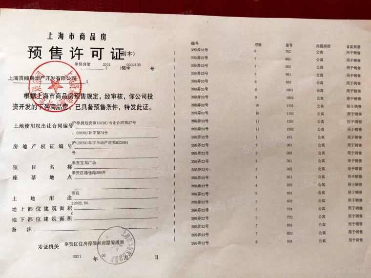 奉发宝龙广场预售许可证