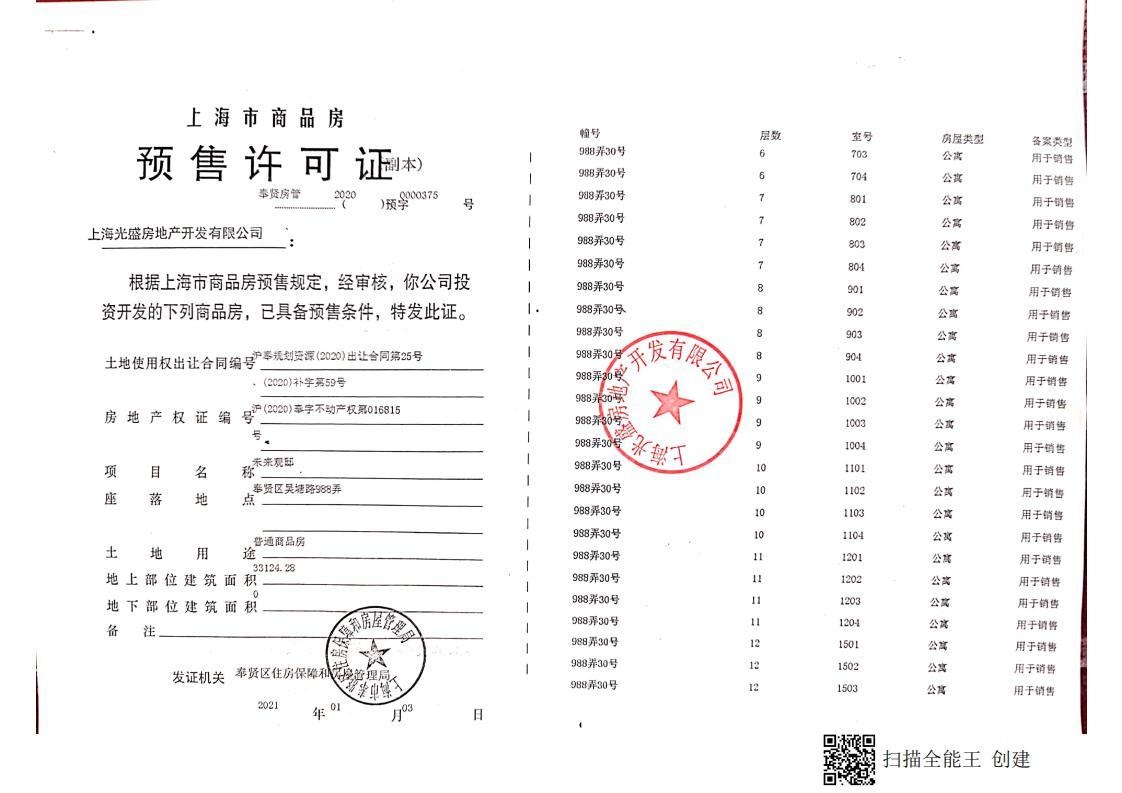 阳光城未来悦预售许可证