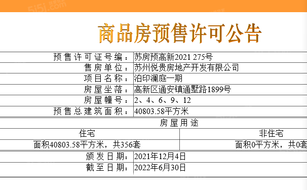 泊印澜庭预售许可证