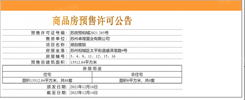 旭辉铂悦湖前预售许可证