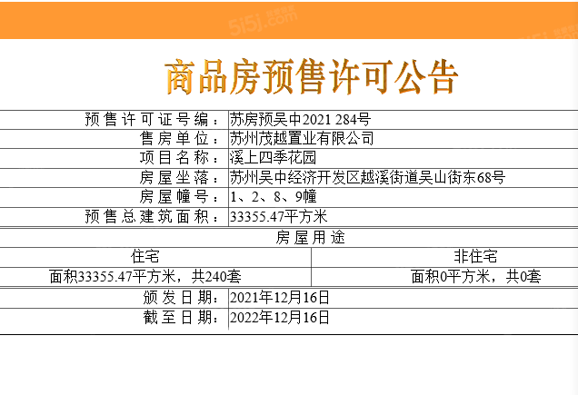 南山溪上四季花园预售许可证