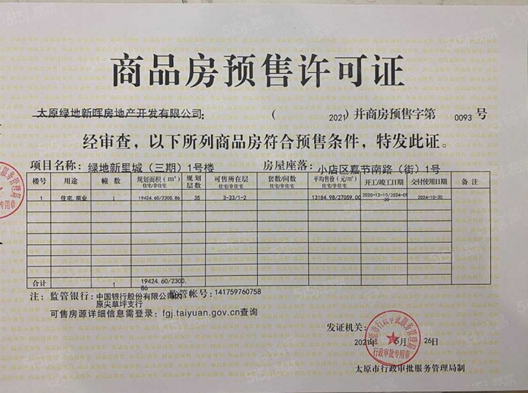绿地新里城预售许可证