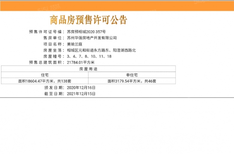 天房美瑜兰庭预售许可证