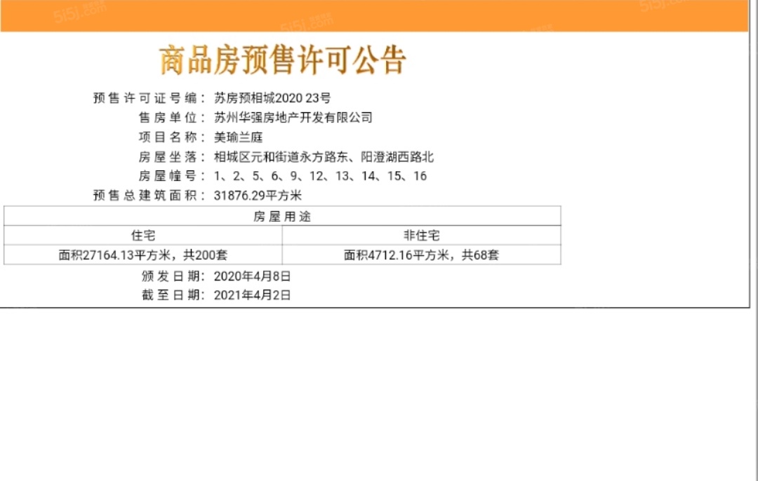 天房美瑜兰庭预售许可证