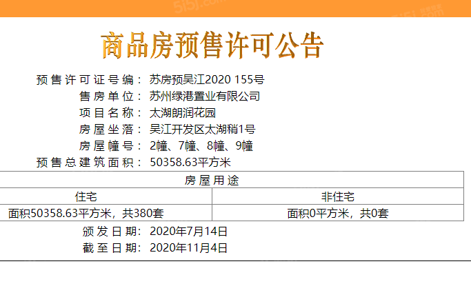 绿地太湖郎峯预售许可证