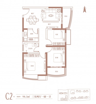3室2厅1卫户型详情