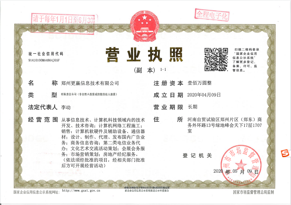 豫立国际·云尚二级合作房营业执照