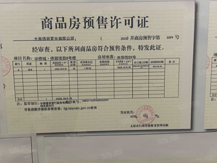 太原华侨城天鹅堡预售许可证