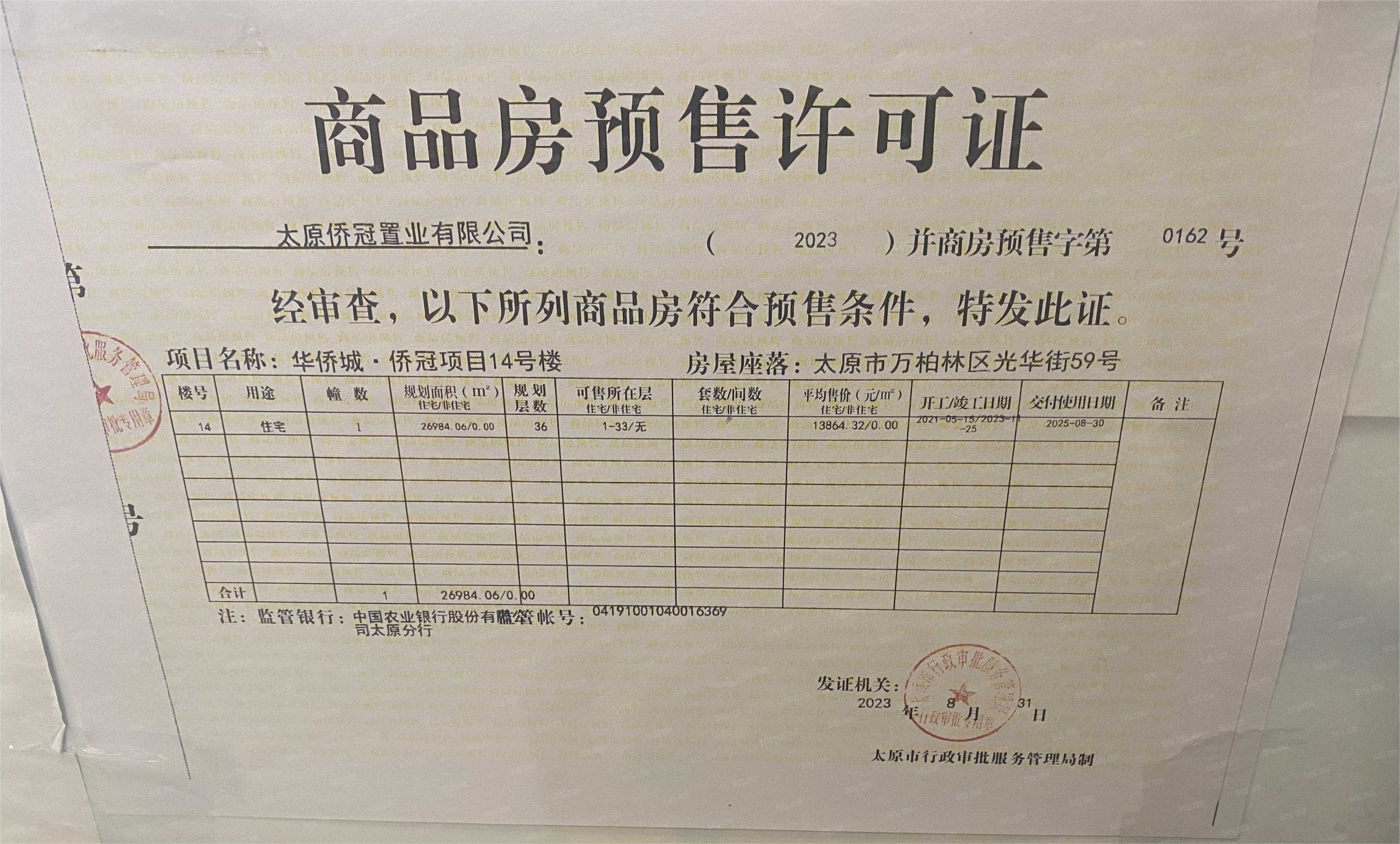 太原华侨城天鹅堡预售许可证