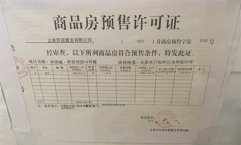 太原华侨城天鹅堡预售许可证