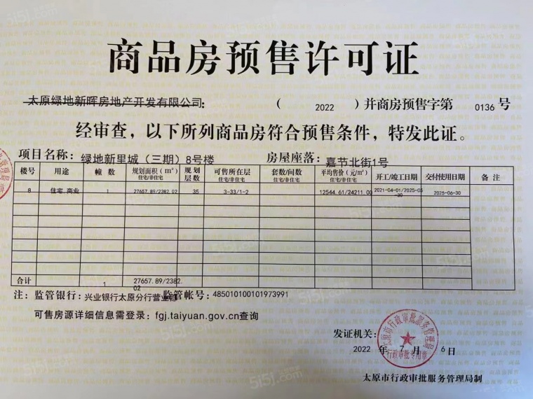 绿地新里城预售许可证