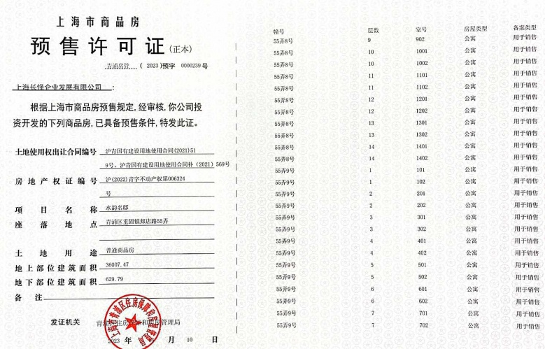 新长宁水韵名邸预售许可证