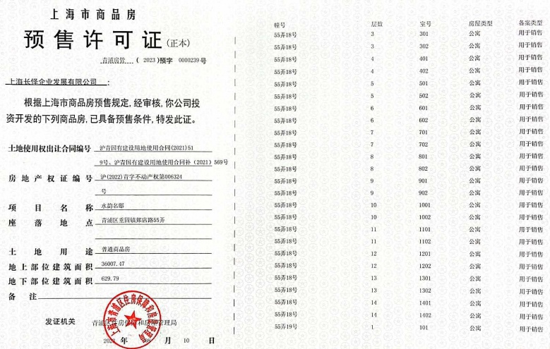 新长宁水韵名邸预售许可证