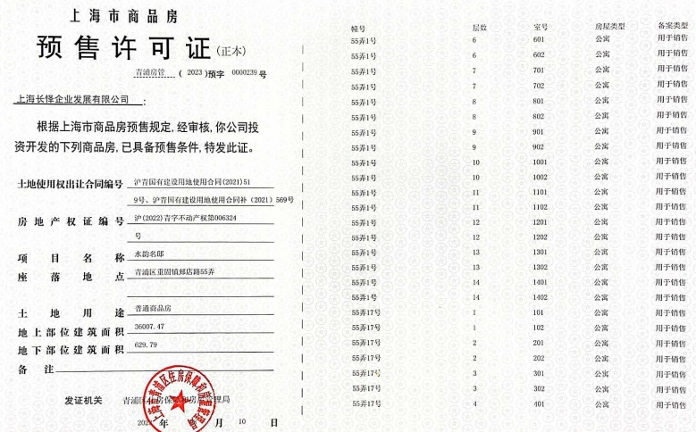 新长宁水韵名邸预售许可证