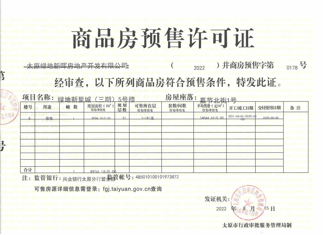 绿地新里城预售许可证