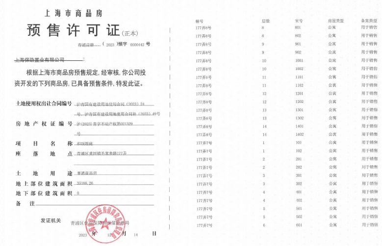 保利虹桥和颂预售许可证