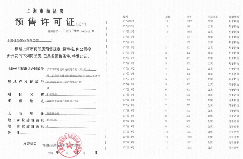 保利虹桥和颂预售许可证