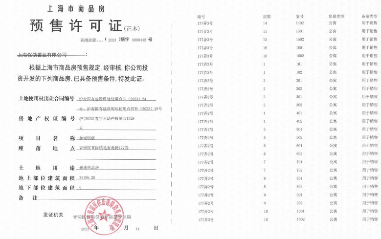 保利虹桥和颂预售许可证