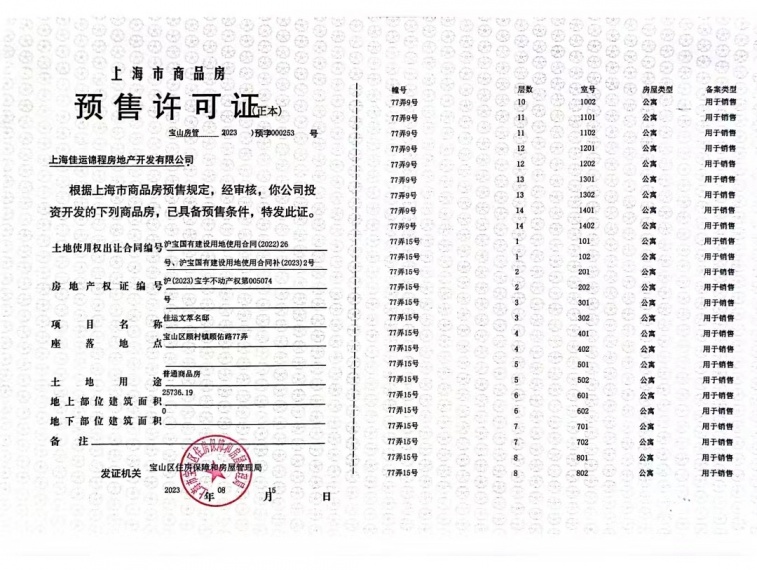 佳运瑞璟湾预售许可证