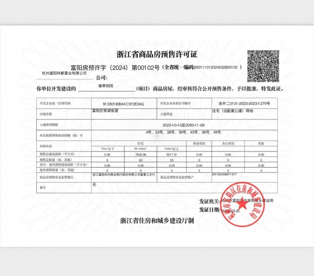 雍翠别院预售许可证