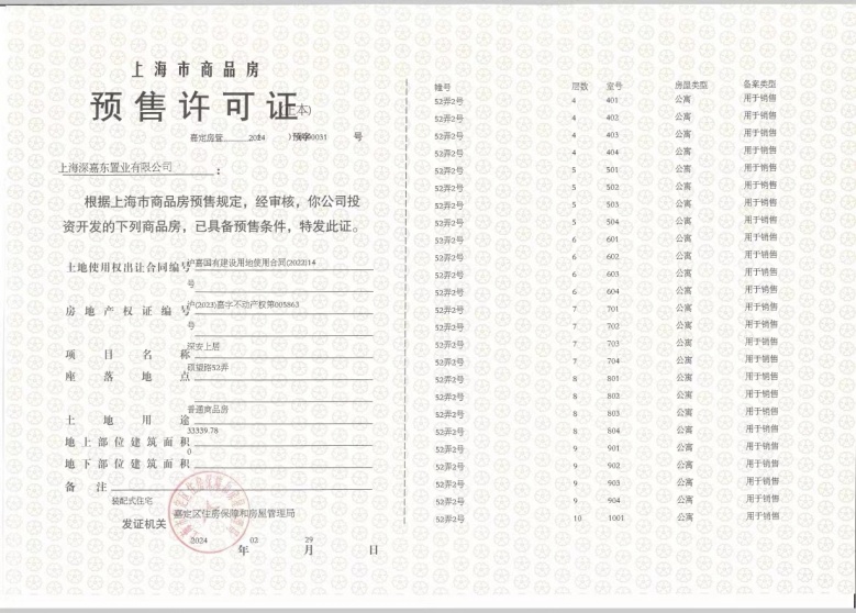 深安上居预售许可证