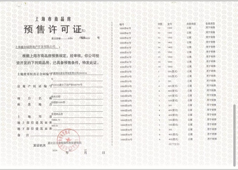 金地嘉峯汇预售许可证