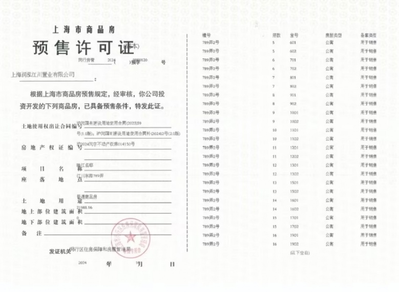 上海映江润府预售许可证