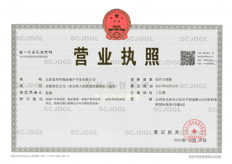 保利龙城璞悦开发商营业执照