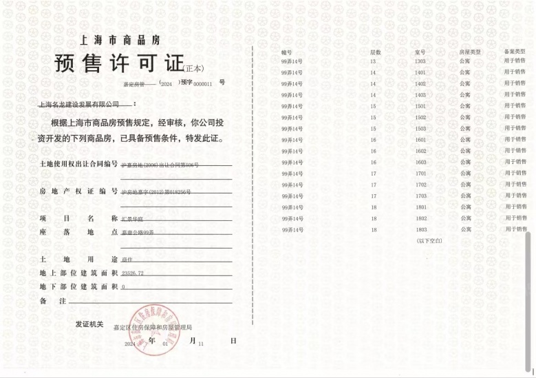 汇景华庭预售许可证