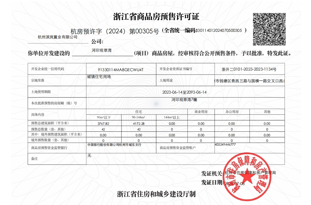 河印观翠湾预售许可证