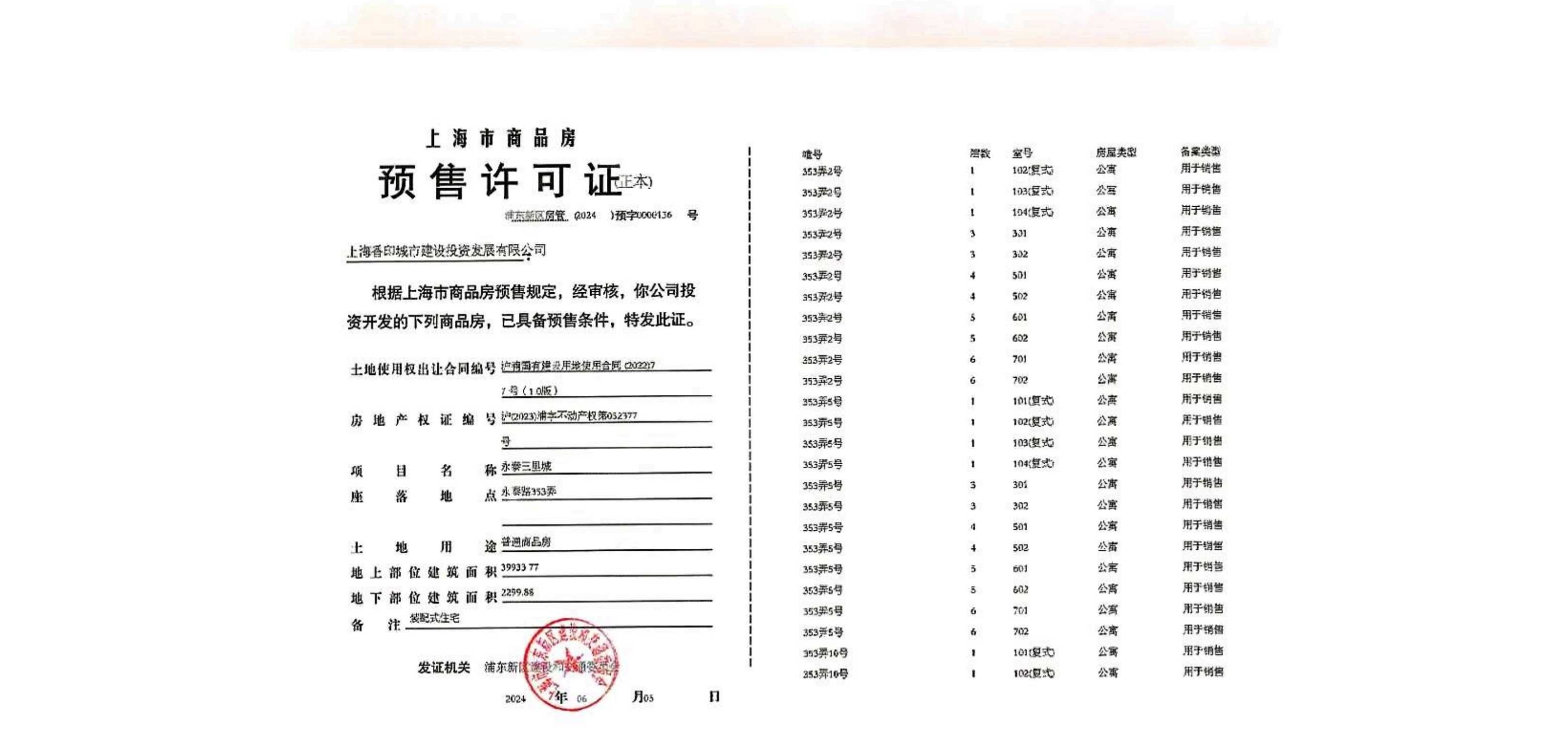 永泰三里城预售许可证