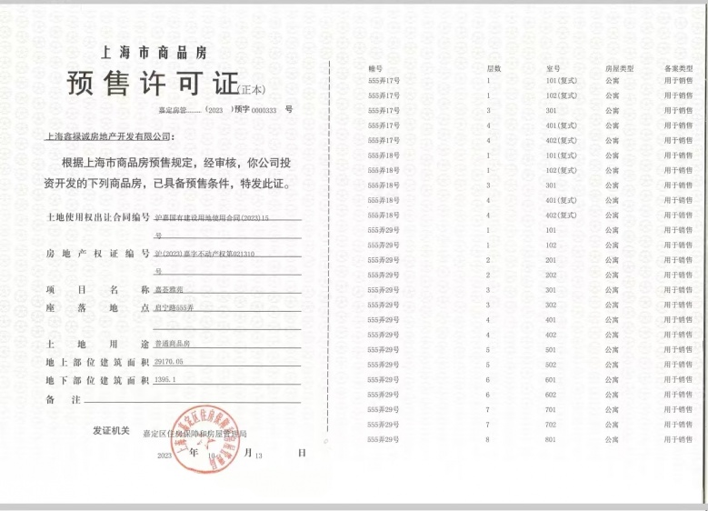 金地嘉境预售许可证