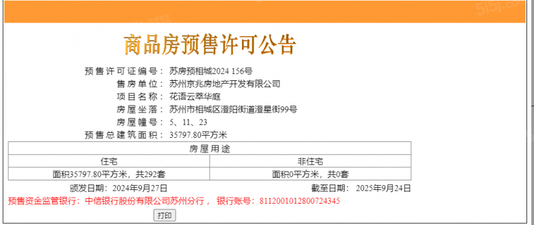 中国铁建花语云萃预售许可证