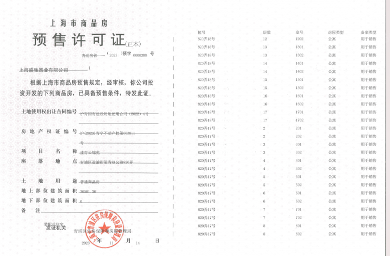 盛青云锦预售许可证