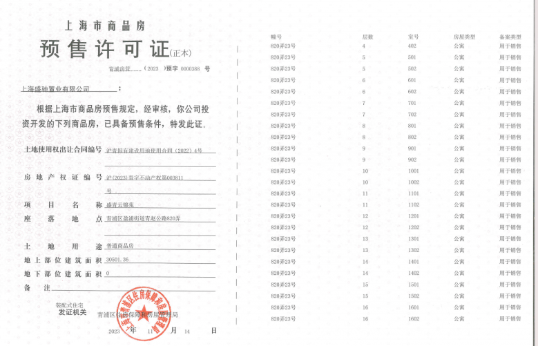 盛青云锦预售许可证