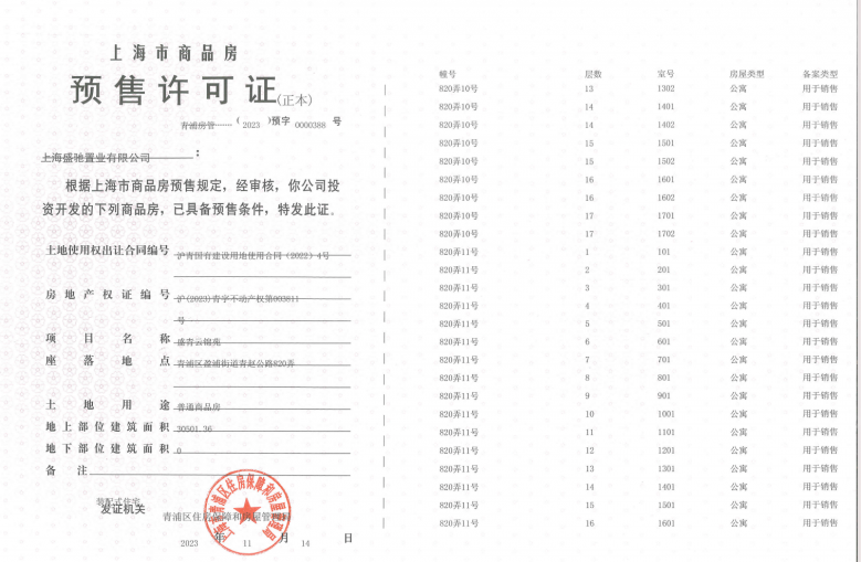 盛青云锦预售许可证