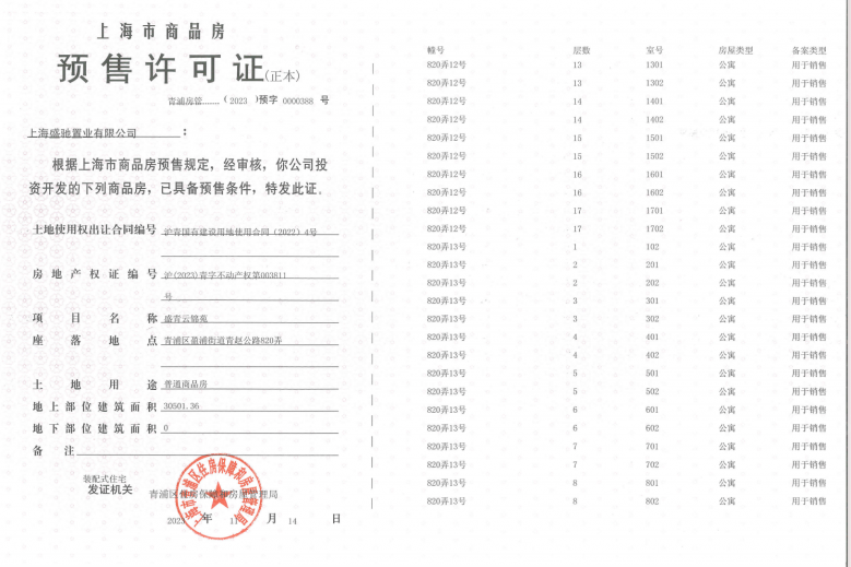 盛青云锦预售许可证