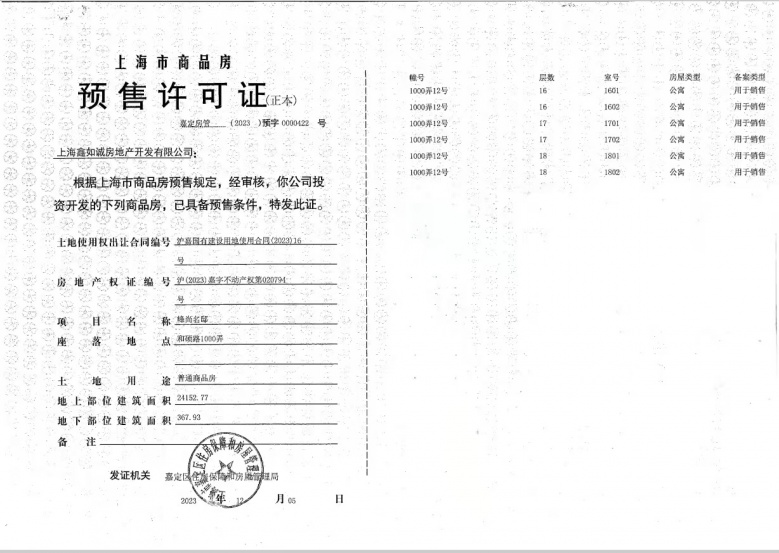 金地嘉峯汇预售许可证
