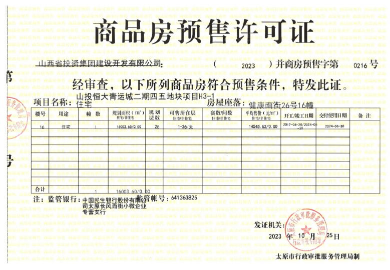 文旅青运城预售许可证
