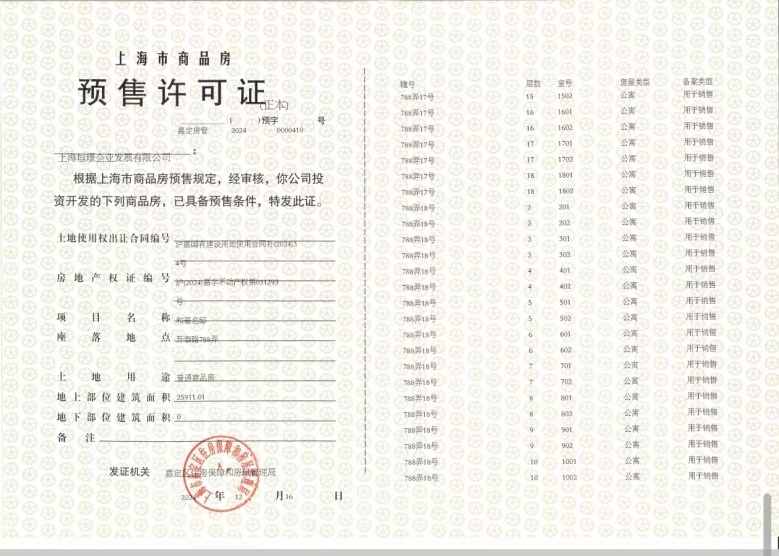 保利虹桥和著预售许可证