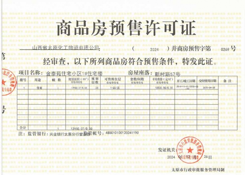 金泰苑住宅小区预售许可证