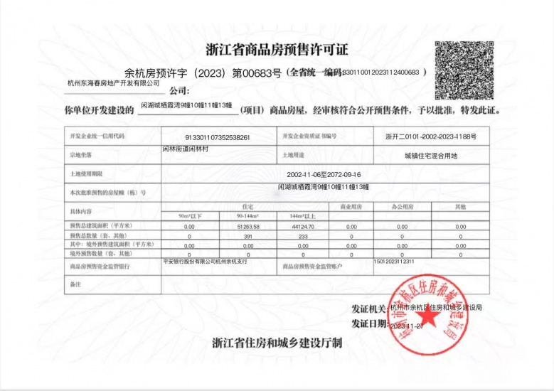 闲湖城栖霞湾预售许可证