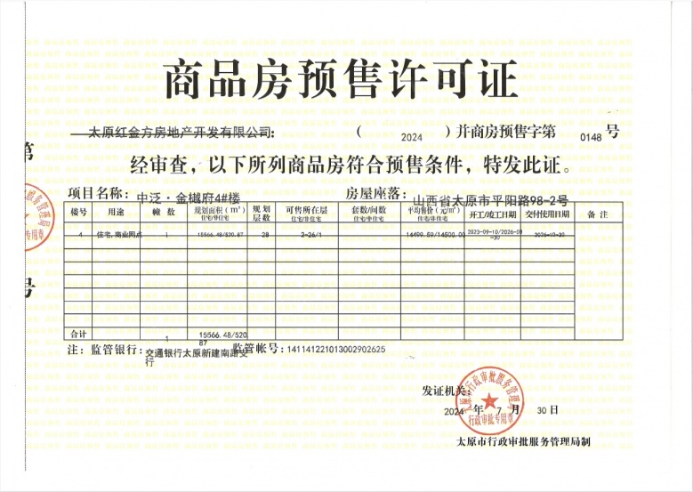 中泛·金樾府预售许可证