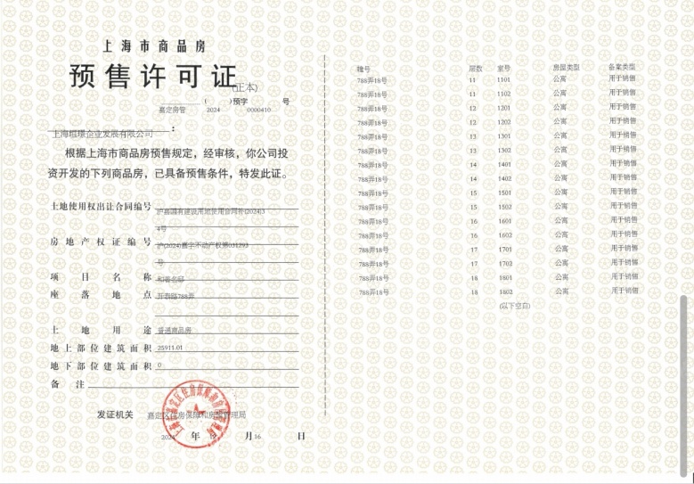 保利虹桥和著预售许可证