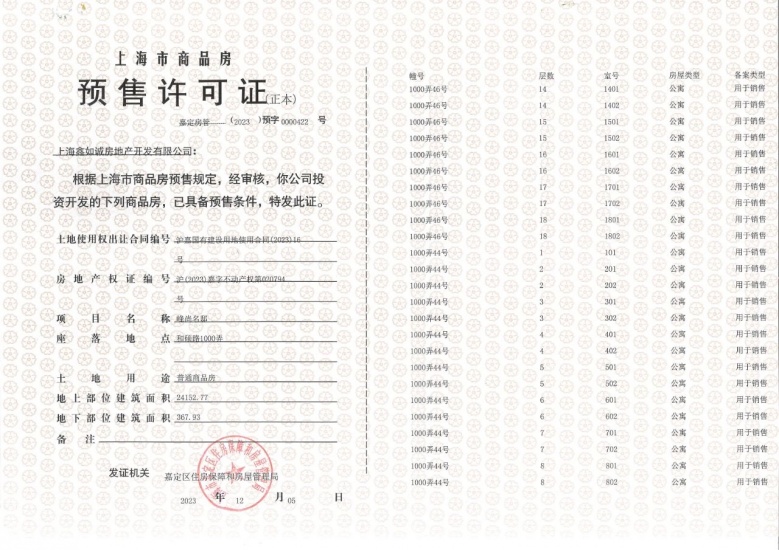 金地嘉峯汇预售许可证