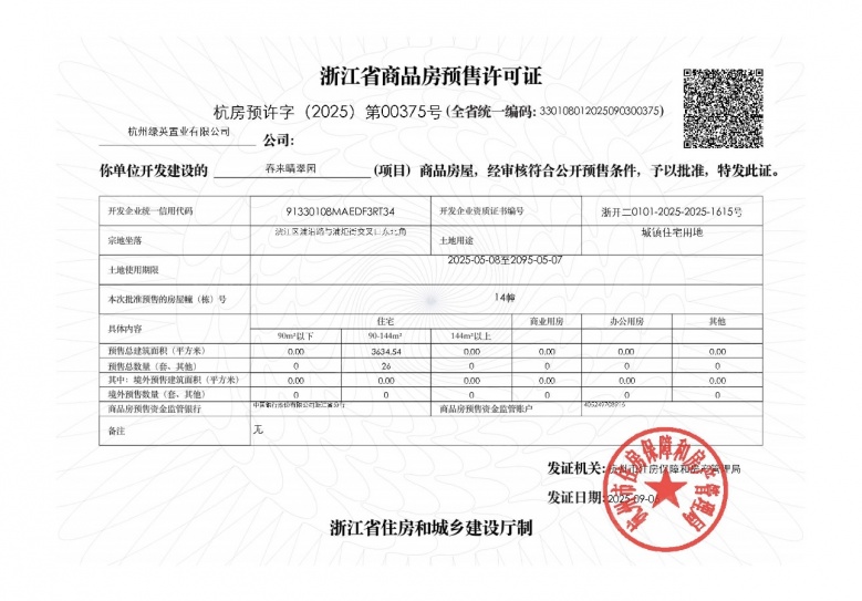 春来晴翠预售许可证