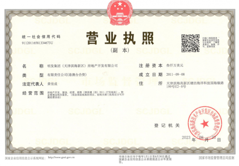 滨海明发广场开发商营业执照