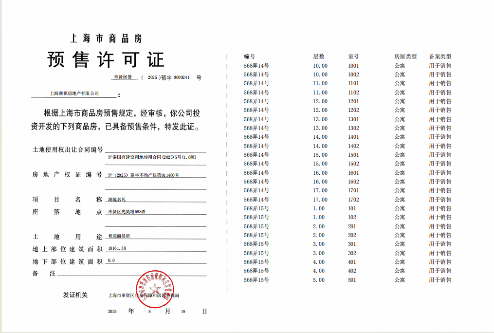 龙湖·御湖境预售许可证