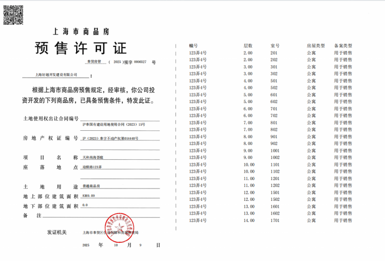天和尚海荟庭预售许可证